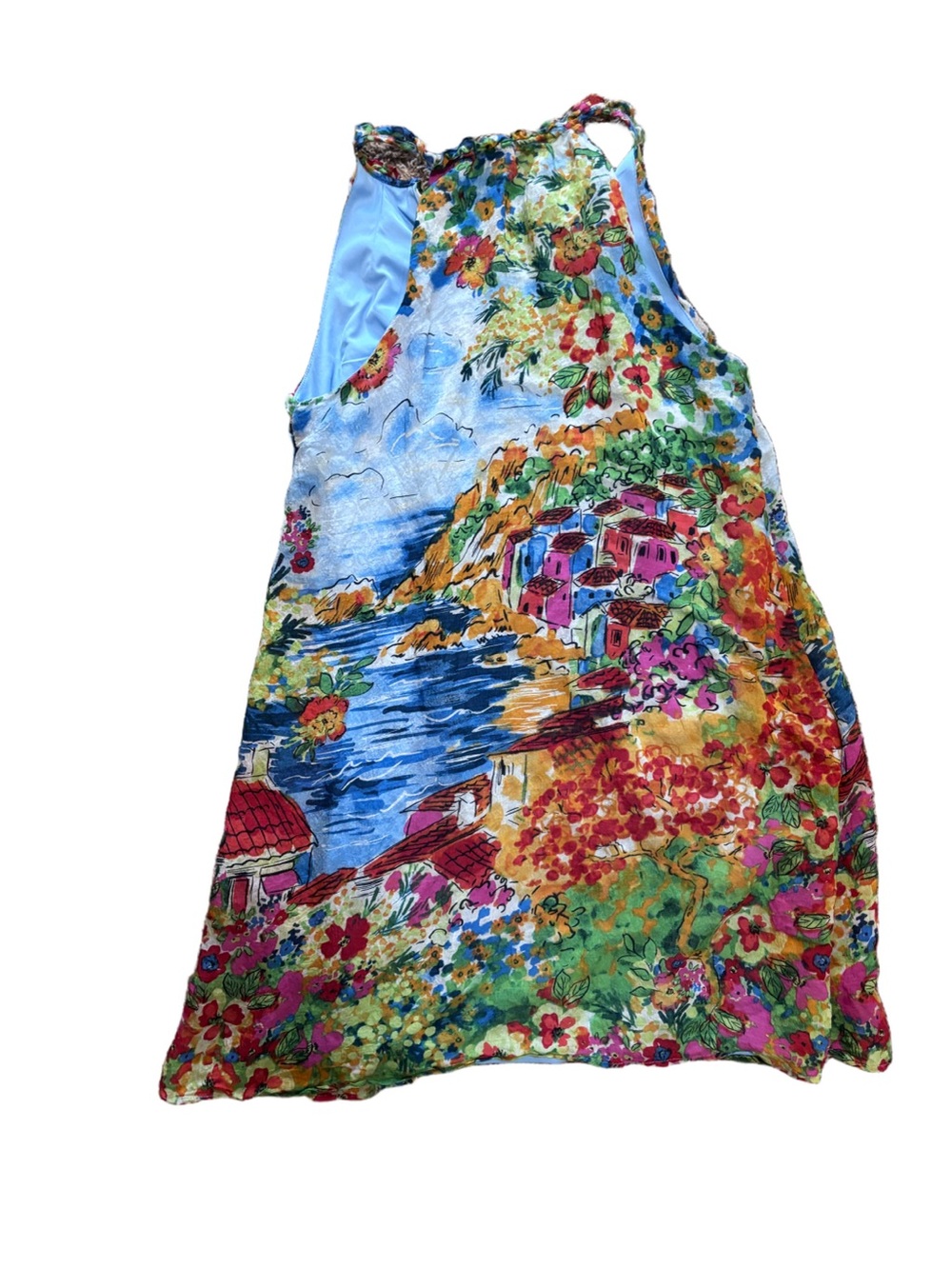 Colorful Coastal Mediterranean Floral Landscape Halter Dress M - Picture 4 of 7